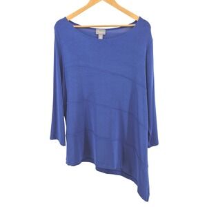 Chicos Travelers 3 XL Cobalt Blue Slinky Top Asymmetrical‎ Hem Stretch Knit